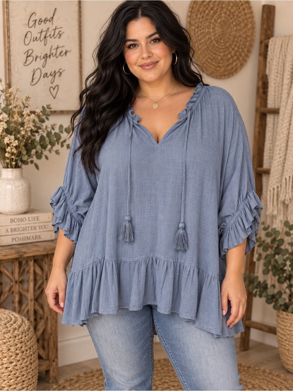 383 NWT Umgee Dusty Blue Ruffle Tassel Peasant Tunic Size 1X